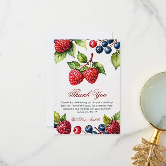 Berry 1st Birthday Party Berry First Photo  Thank You Card (Front/Back In Situ)