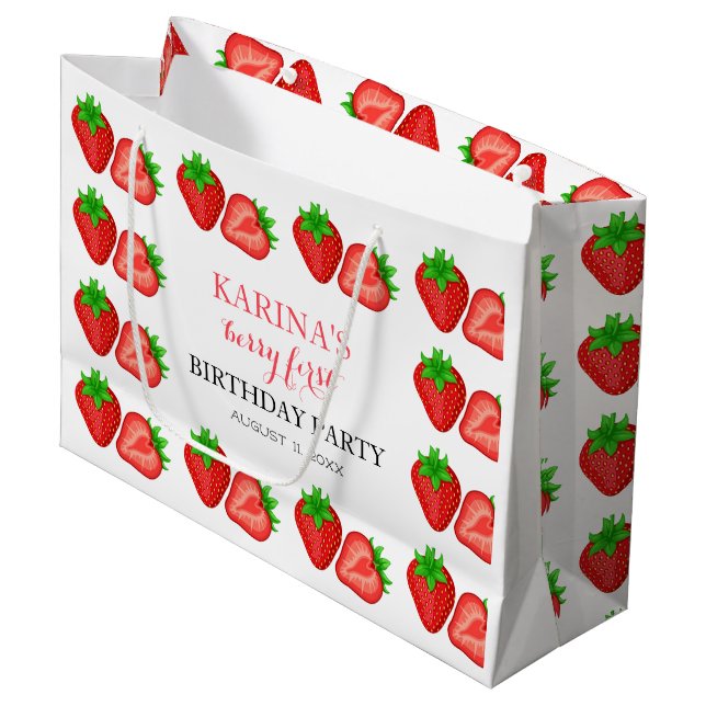 Berry 1st Birthday Party Strawberry fruit Summer Large Gift Bag (Front Angled)