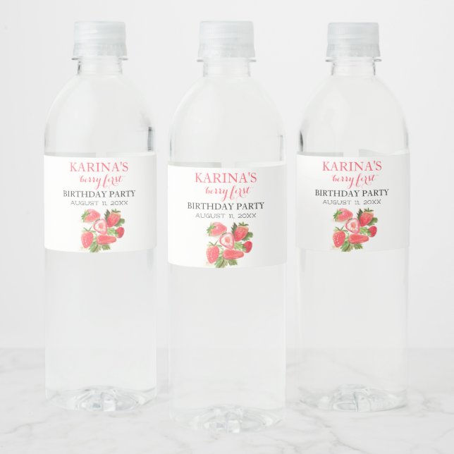 Berry 1st Birthday Party Strawberry fruit Summer Water Bottle Label (Bottles)