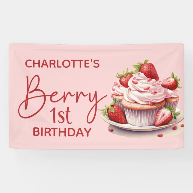 Berry 1st Birthday Pink Red Strawberry Name Banner (Horizontal)
