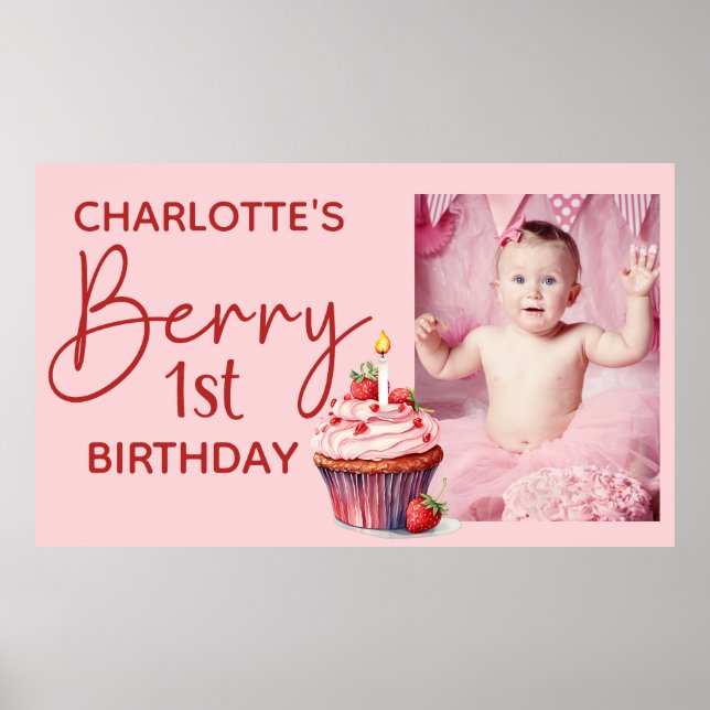 Berry 1st Birthday Pink Red Strawberry Name Photo Poster (Front)