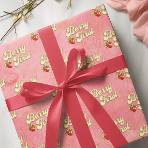 Berry 1st Birthday Pink White Strawberry Gold Wrapping Paper