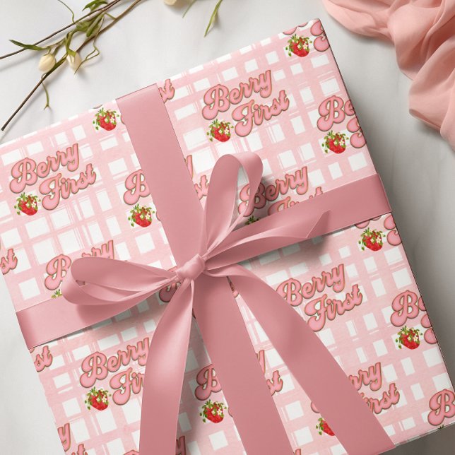 Berry 1st Birthday Pink White Stripes Strawberry Wrapping Paper (Creator Uploaded)
