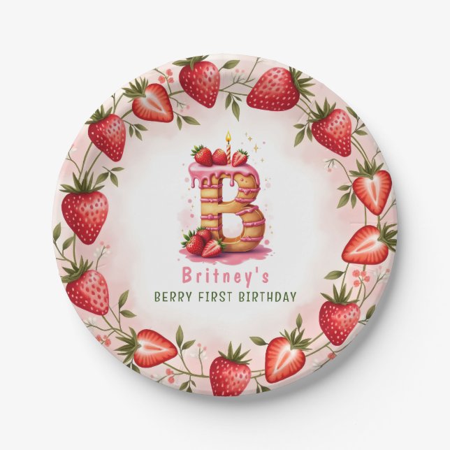Berry 1st Birthday Plate Letter B Cake Design (Front)
