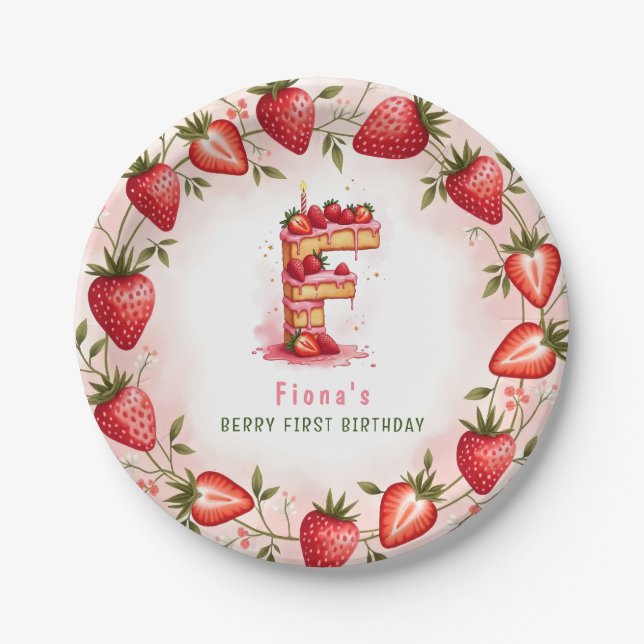 Berry 1st Birthday Plate Letter F Cake Design (Front)