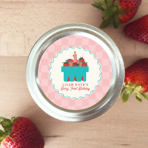 Berry 1st Birthday Strawberry Basket Chequerboard Classic Round Sticker