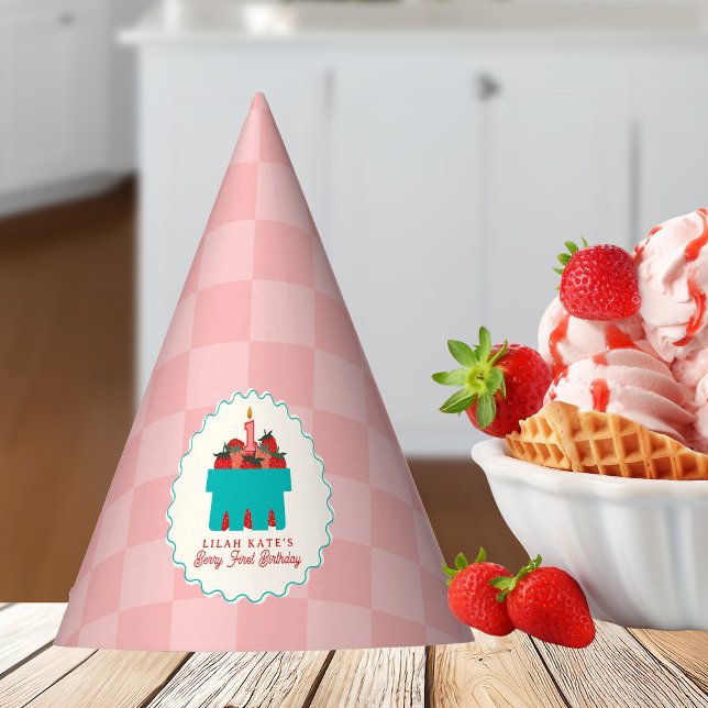 Berry 1st Birthday Strawberry Basket Chequerboard Party Hat (Creator Uploaded)