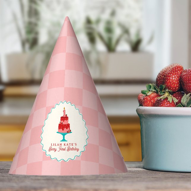 Berry 1st Birthday Strawberry Basket Chequerboard Party Hat (Creator Uploaded)