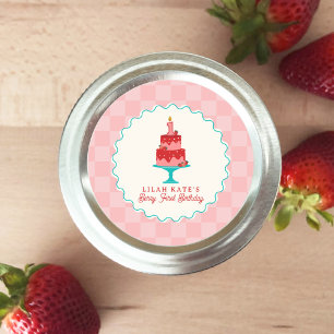 Berry 1st Birthday Strawberry Cake Chequerboard Classic Round Sticker
