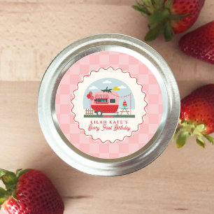 Berry 1st Birthday Strawberry Camper Chequered  Classic Round Sticker
