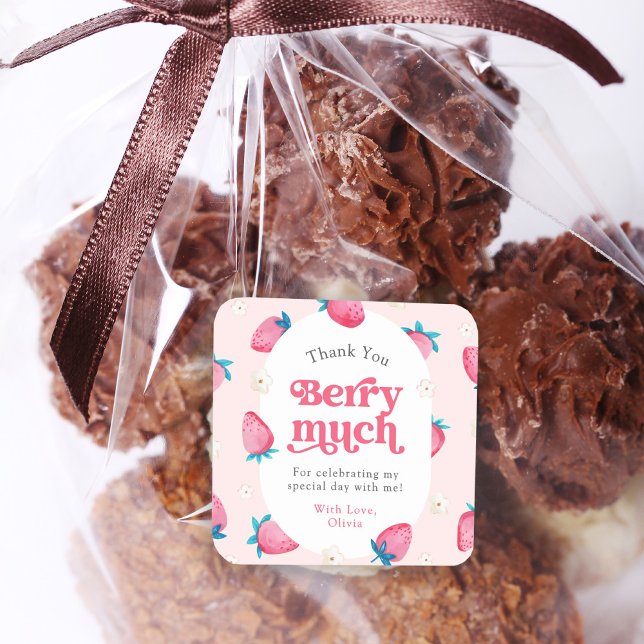 Berry 1st Birthday Strawberry First Bday Thank You Square Sticker (Creator Uploaded)