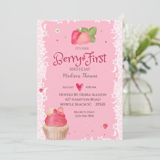 Berry 1st  Birthday Strawberry Party Invitation (Standing Front)