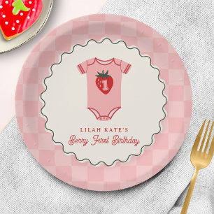 Berry 1st Birthday Strawberry Shirt Chequerboard Paper Plate