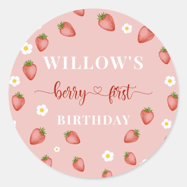 Berry 1st Birthday Strawberry Themed Stickers (Front)