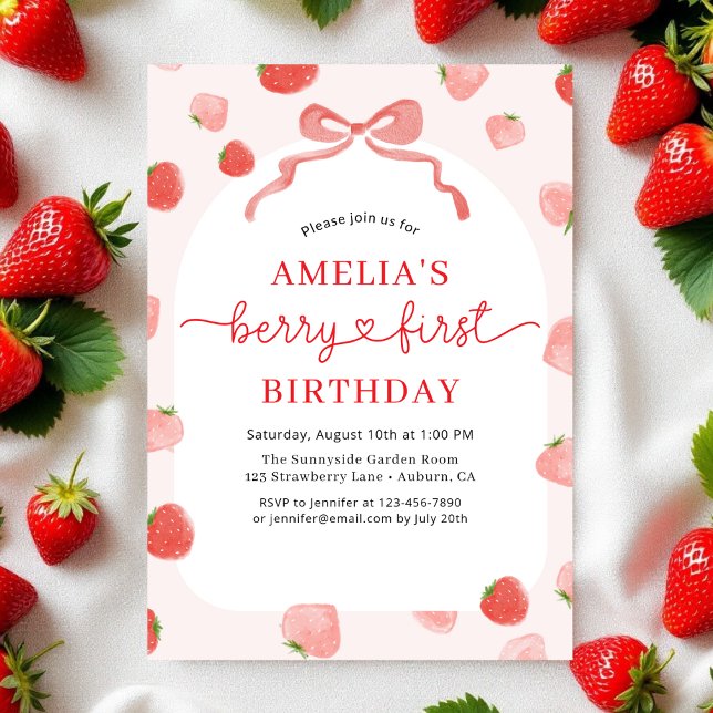 Berry 1st First Bow Strawberry Girl's Birthday Invitation (Creator Uploaded)