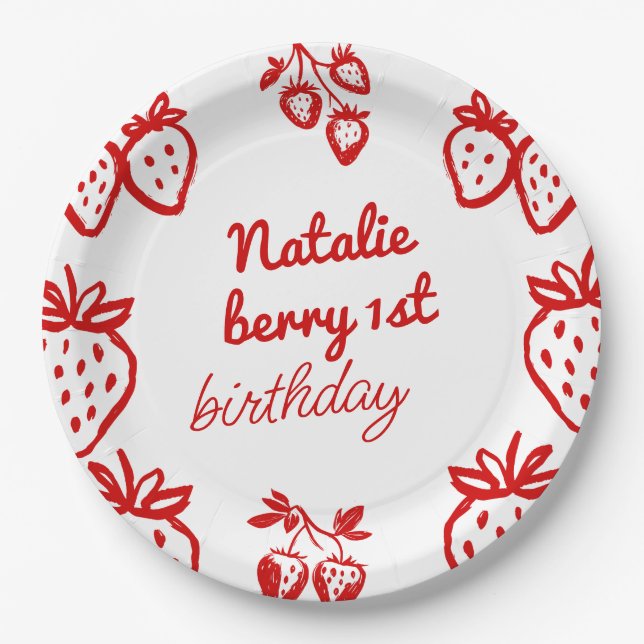 Berry 1st Hand Drawn Strawberry Girl Fun Birthday Paper Plate (Front)