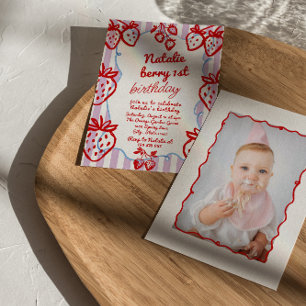 Berry 1st Hand Drawn Strawberry Photo Birthday Invitation