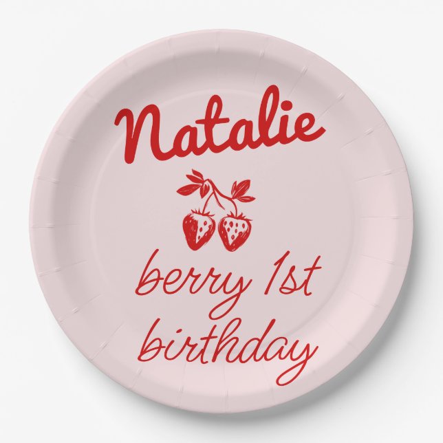 Berry 1st Pink Hand Drawn Strawberries Birthday Paper Plate (Front)