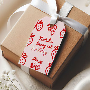 Berry 1st Pink Hand Drawn Strawberry Girl Birthday Gift Tags