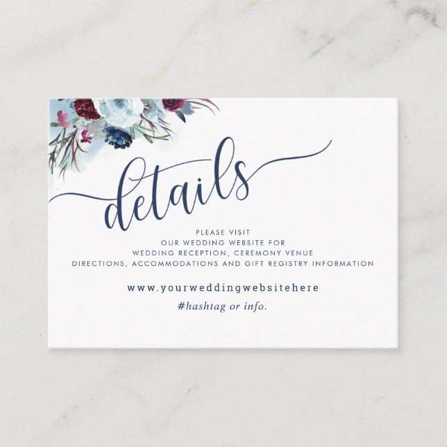 Berry and Blue Floral Wedding Details / Website Enclosure Card (Front)