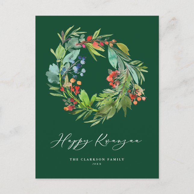 Berry and Greenery Wreath Green Happy Kwanzaa Holiday Postcard (Front)