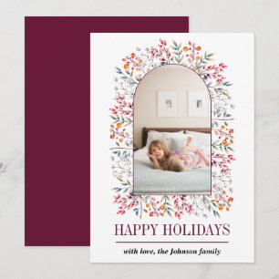 Berry and leaf arch burgundy Christmas photo Holiday Card