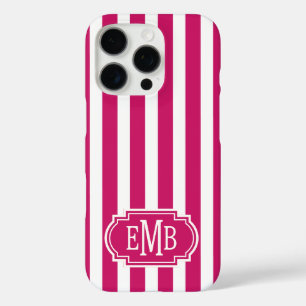 Berry and White Monogrammed Stripes iPhone 16 Pro Case