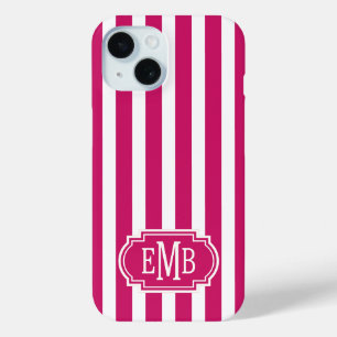 Berry and White Monogrammed Stripes iPhone 15 Case