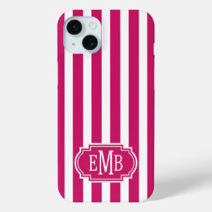 Berry and White Monogrammed Stripes iPhone 15 Mini Case