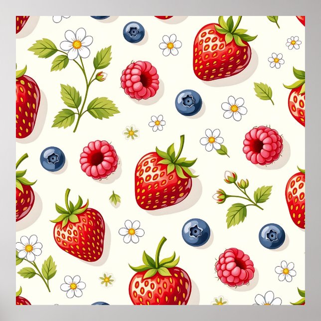 Berry Blossom Pattern Fresh Summer Fruits Poster (Front)