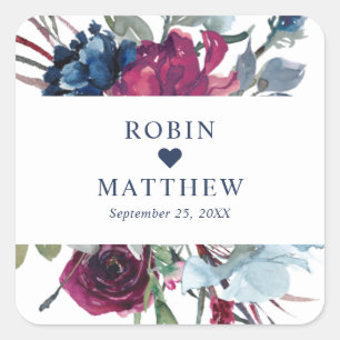 Berry, Blue and Burgundy Elegant Floral Square Sticker
