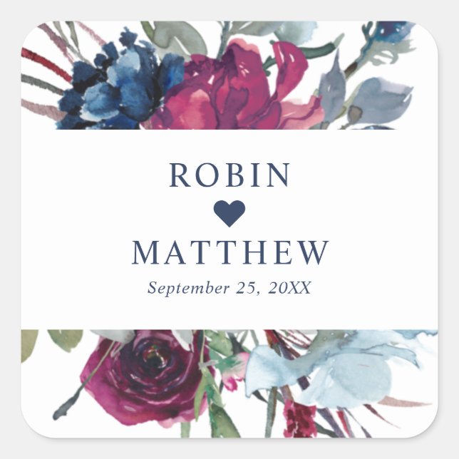 Berry, Blue and Burgundy Elegant Floral Square Sticker (Front)