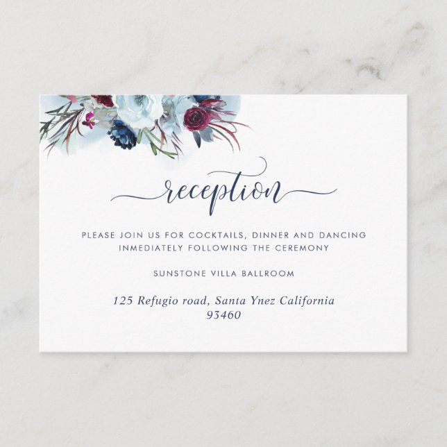 Berry Blue and Burgundy Floral Wedding Reception Enclosure Card (Front)