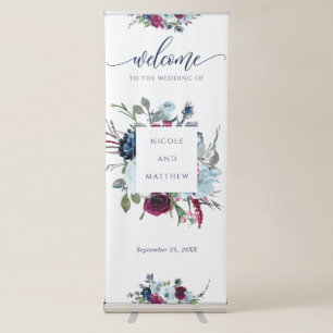 Berry Blue and Burgundy Floral Wedding Welcome Retractable Banner