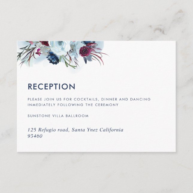 Berry Blue and Burgundy Wedding Reception /Details Enclosure Card (Front)