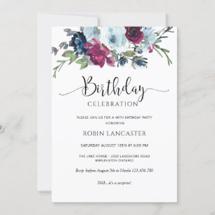 Berry, Blue, Burgundy Floral Birthday Invitation