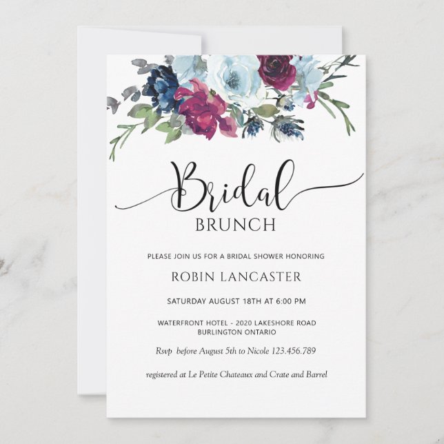 Berry, Blue, Burgundy Floral Bridal Brunch/Shower Invitation (Front)