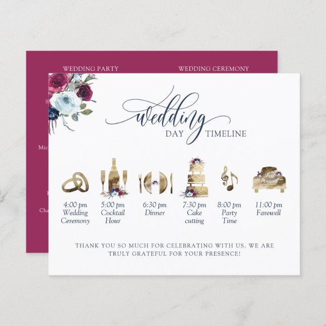 Berry Blue Burgundy Wedding Timeline and Program (Front/Back)