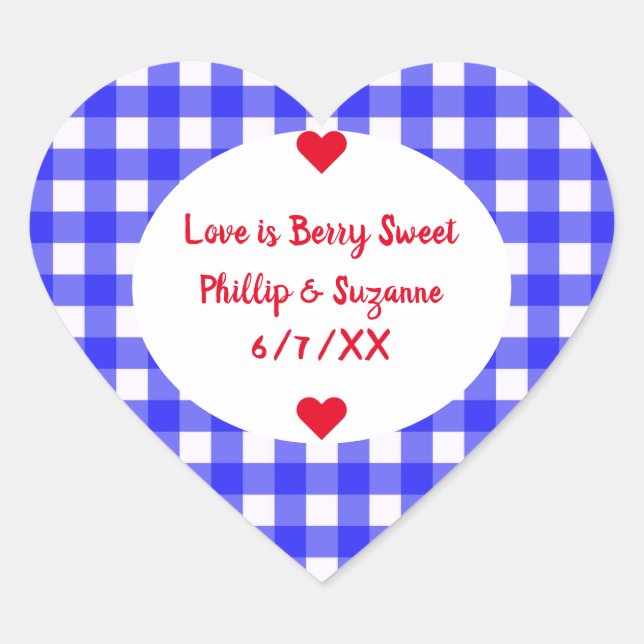 Berry Blue Gingham Wedding Favour Jelly Jar Labels (Front)