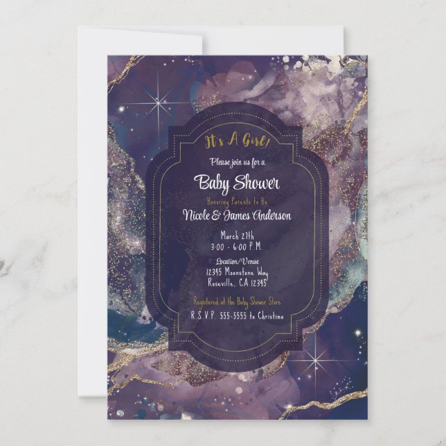 Berry Blue Watercolor Gold Celestial Baby Shower Invitation (Front)