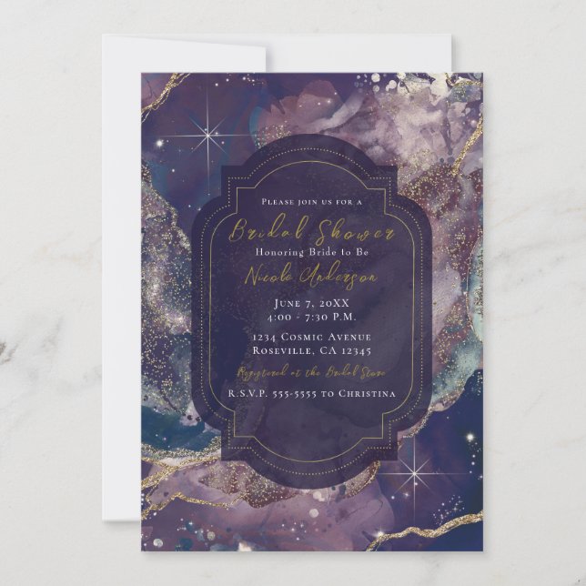 Berry Blue Watercolor Gold Celestial Bridal Shower Invitation (Front)