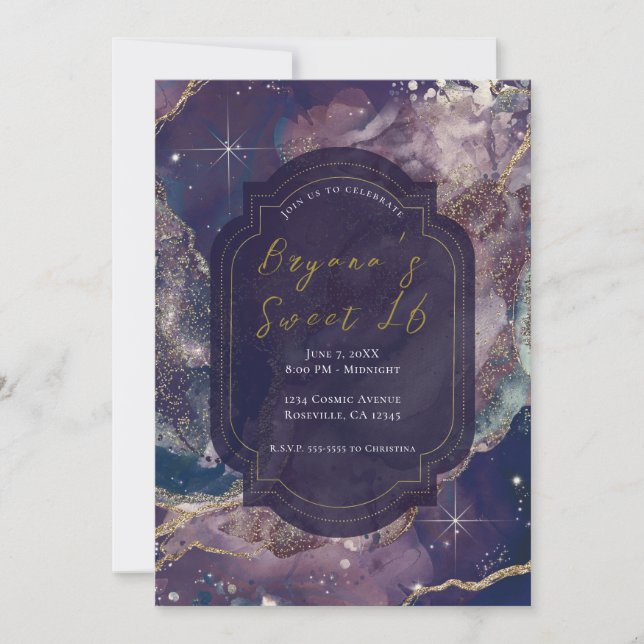 Berry Blue Watercolor Gold Celestial Sweet 16 Invitation (Front)