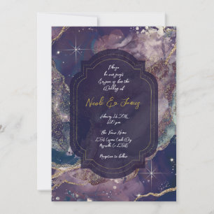 Berry Blue Watercolor Gold Celestial Wedding Invitation
