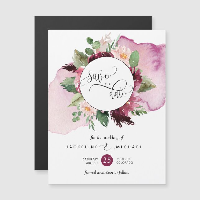 Berry, Blush Floral Wedding Save The Date Magnet (Front/Back)