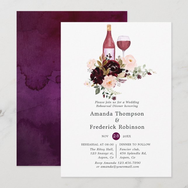 Berry & Blush Floral Wine Tasting Rehearsal Dinner Invitation (Front/Back)