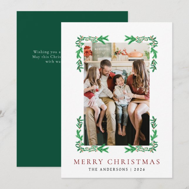 Berry Branch Frame Christmas Family 1 Photo Holiday Card (Front/Back)