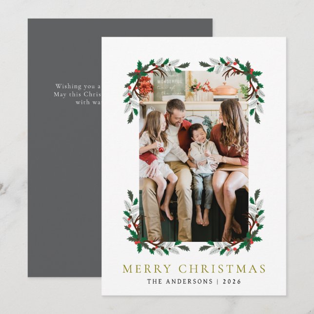 Berry Branch Frame Christmas Family 1 Photo Holiday Card (Front/Back)
