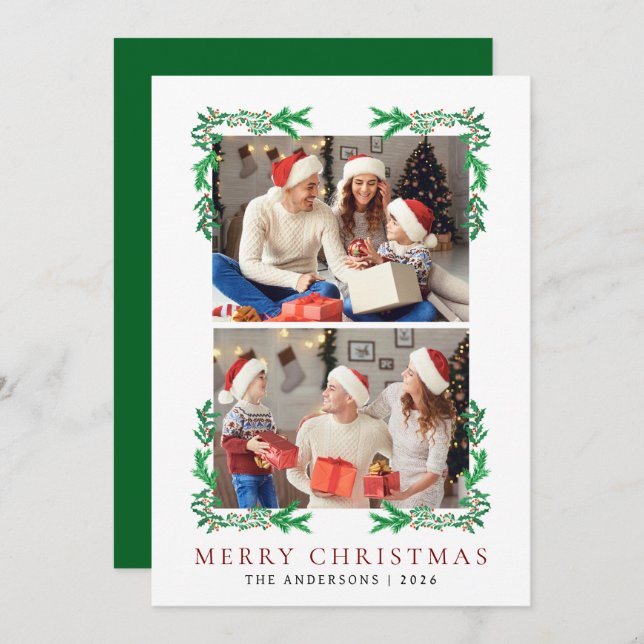 Berry Branch Frame Christmas Family 2 Photo Holiday Card (Front/Back)