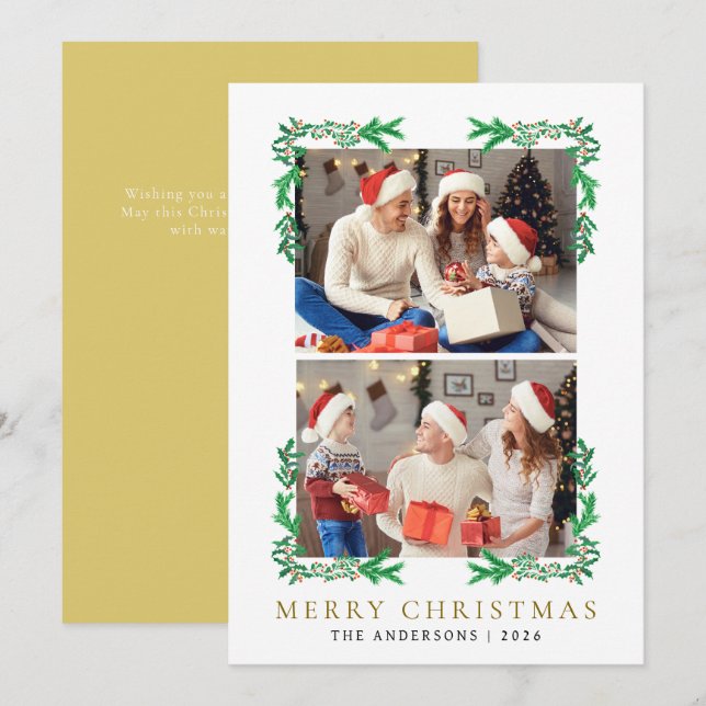 Berry Branch Frame Christmas Family 2 Photo Holiday Card (Front/Back)