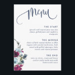 Berry, Burgundy and Blue Floral, Elegant Wedding Menu<br><div class="desc">Elegant wedding (or any other event) Menu with exquisite watercolor floral detail and modern hand written calligraphy element. Ability to add your own menu, name(s), date and event. Also choice to add on the back your names or, add guest name so Menu can also serve as a place card. Flowers...</div>